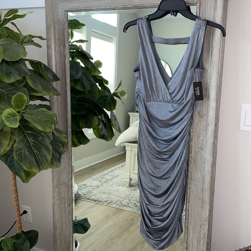 Guess Silver Shimmer Ruched V-Neck Dress